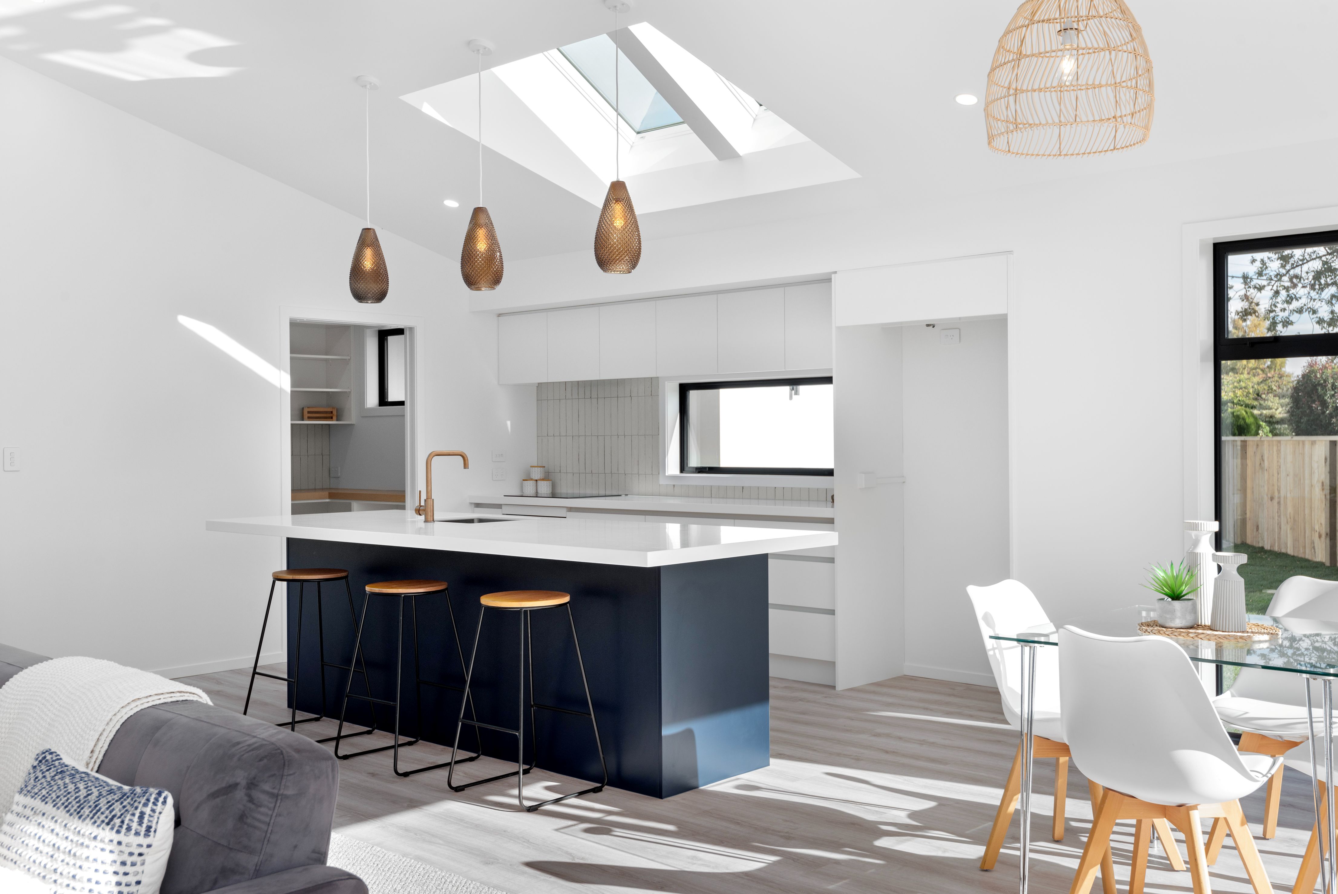 kitchen-dining-living-island-bench-skylights-skillion-sloping-ceiling